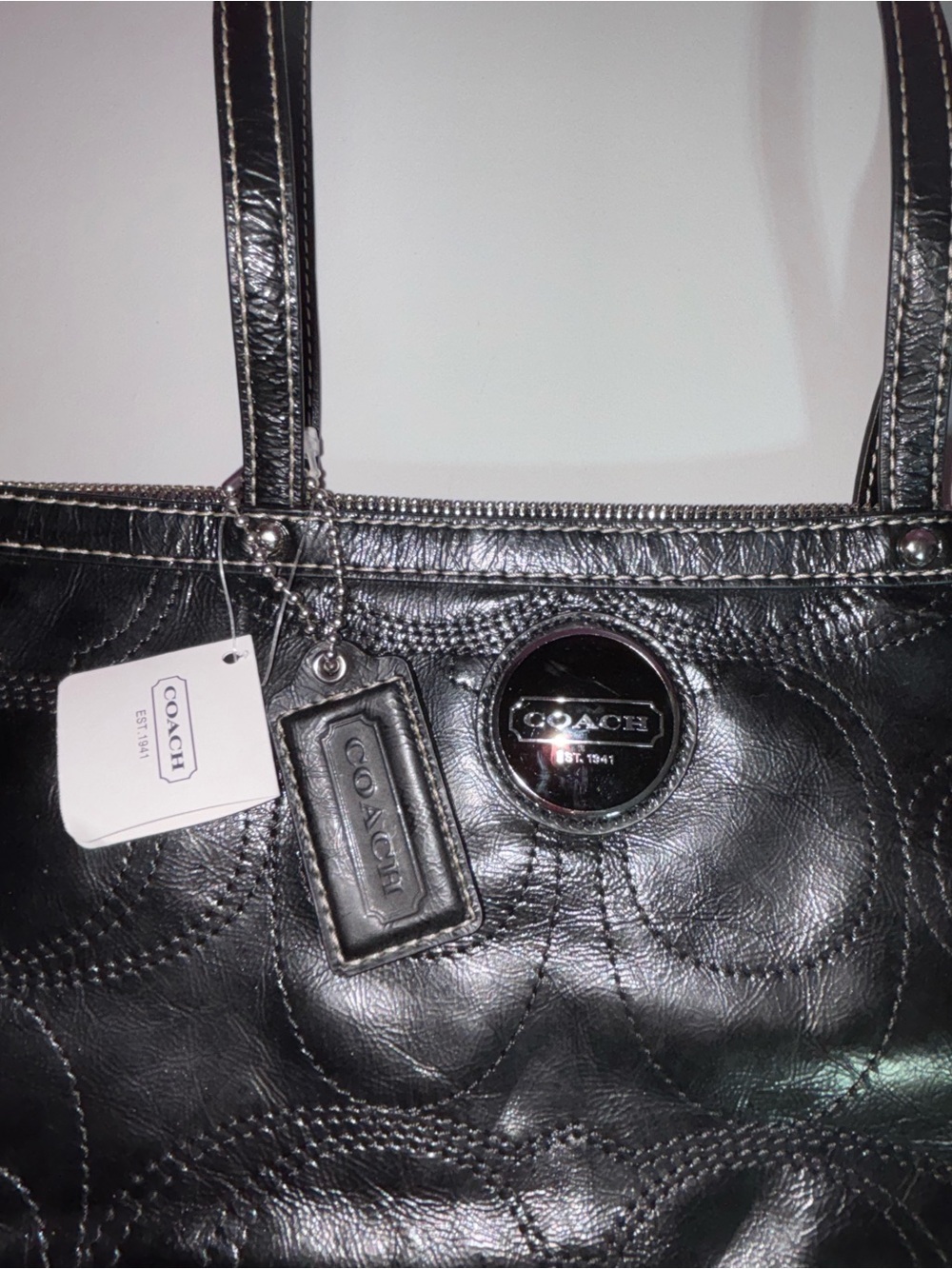 Coach Signature Stitched Patent Tote Black Leather Shoulder Bag NWT MSRP $328 - Picture 3 of 11
